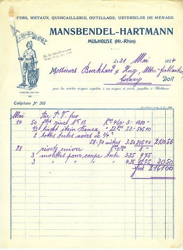 Facture du 31 mai 1924 de la quincaillerie MANSBENDEL-HARTMANN, avec l'Homme de fer. Mention fondée en 1768.